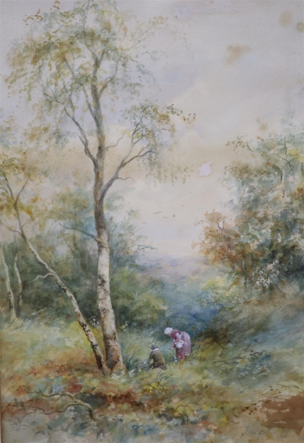 J.W.Philips RA, watercolour, Figures in woodland, signed, 46 x 32cm